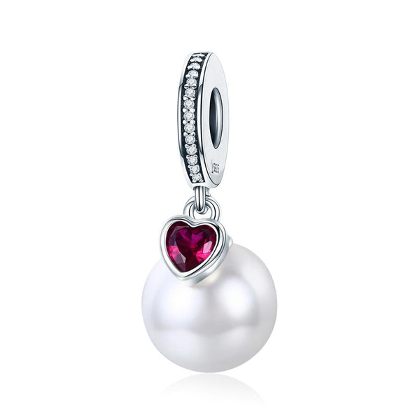 Faux Pearl Heart Sterling Silver Ziron CZ Bead Charm Bracelet