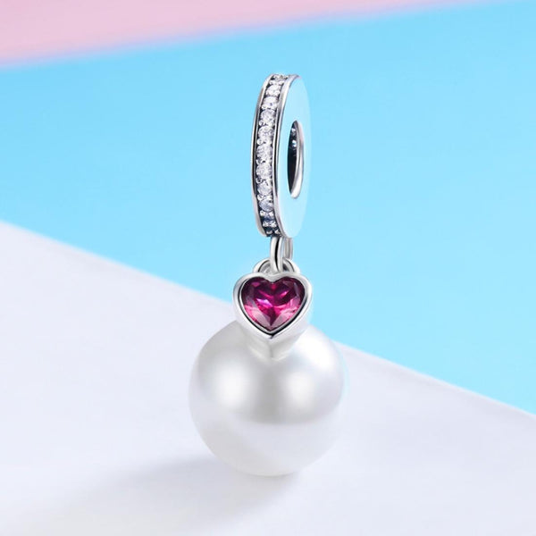Faux Pearl Heart Sterling Silver Ziron CZ Bead Charm Bracelet