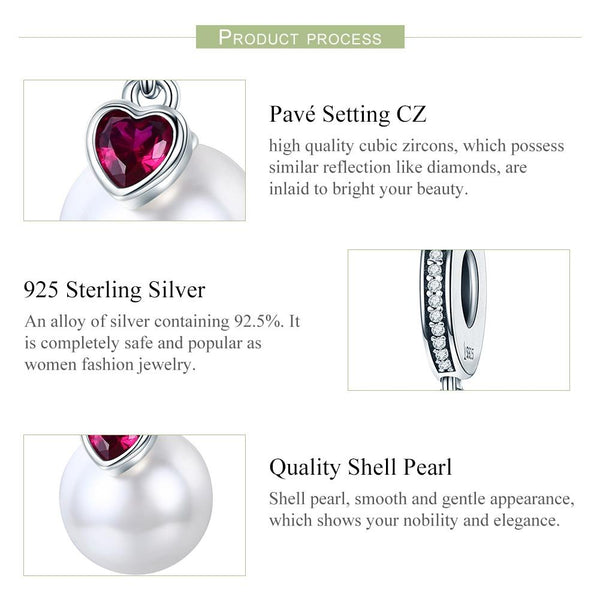 Faux Pearl Heart Sterling Silver Ziron CZ Bead Charm Bracelet