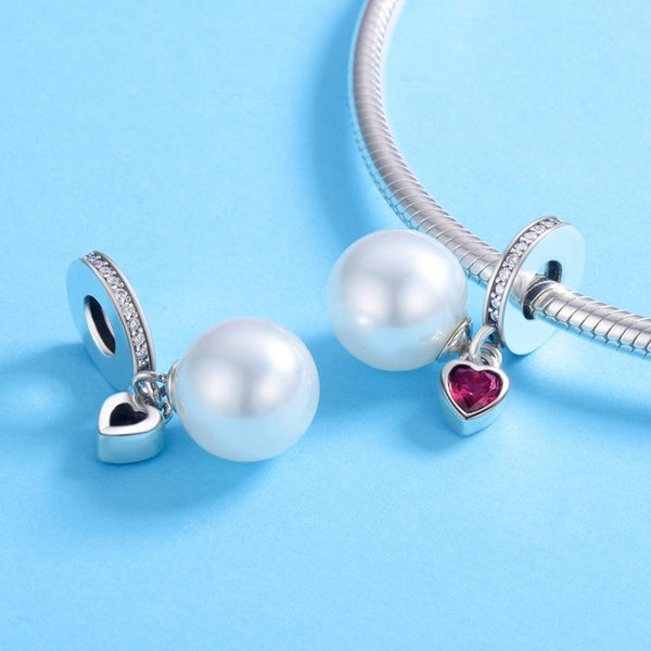 Faux Pearl Heart Sterling Silver Ziron CZ Bead Charm Bracelet