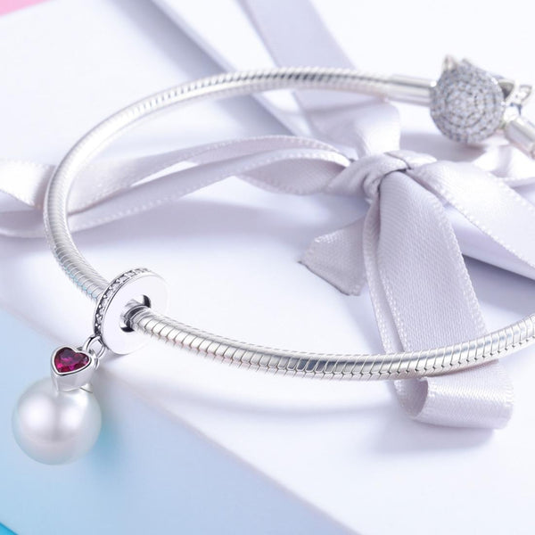 Faux Pearl Heart Sterling Silver Ziron CZ Bead Charm Bracelet