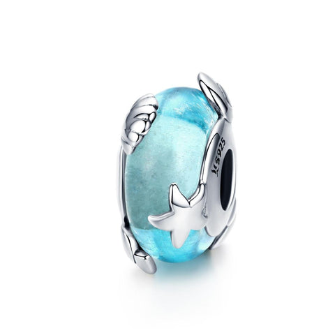 Sea Ocean Starfish Shell Blue Glass Sterling Silver Bead Charm Bracelet Necklace