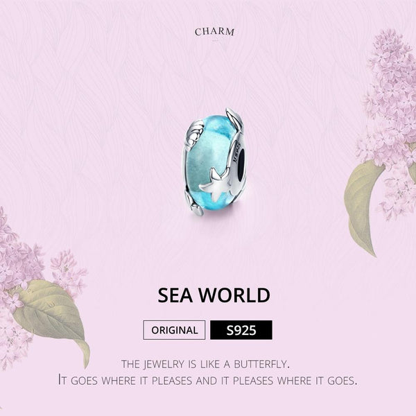Sea Ocean Starfish Shell Blue Glass Sterling Silver Bead Charm Bracelet Necklace