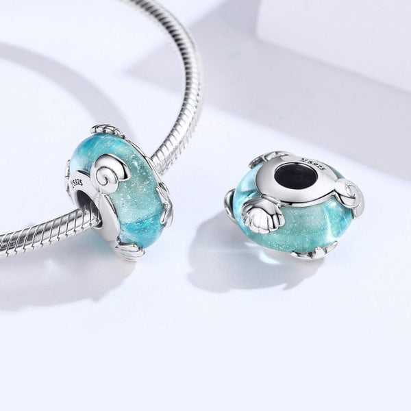 Sea Ocean Starfish Shell Blue Glass Sterling Silver Bead Charm Bracelet Necklace