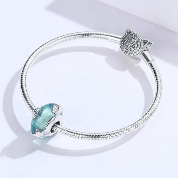 Sea Ocean Starfish Shell Blue Glass Sterling Silver Bead Charm Bracelet Necklace