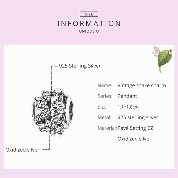 Snake Flowers Sterling Silver Zircon CZ Bead Charm Bracelet Necklace