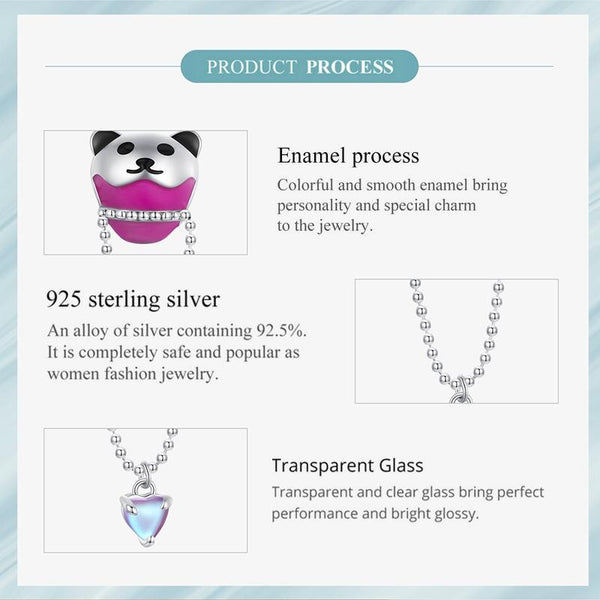 Panda Heart Enamel Sterling Silver Glass Bead Charm Bracelet Necklace