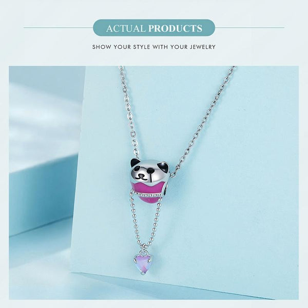 Panda Heart Enamel Sterling Silver Glass Bead Charm Bracelet Necklace