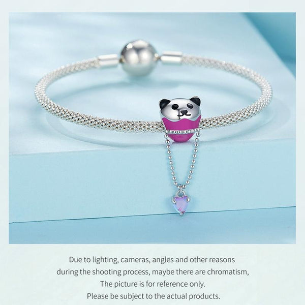 Panda Heart Enamel Sterling Silver Glass Bead Charm Bracelet Necklace