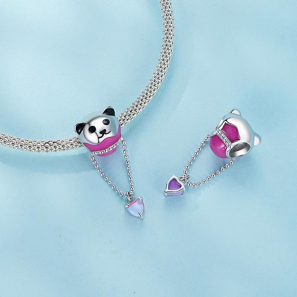 Panda Heart Enamel Sterling Silver Glass Bead Charm Bracelet Necklace