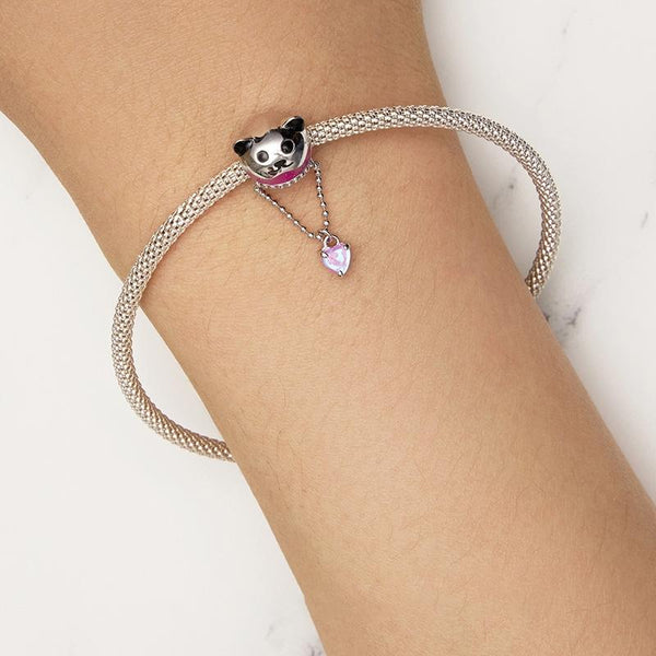 Panda Heart Enamel Sterling Silver Glass Bead Charm Bracelet Necklace