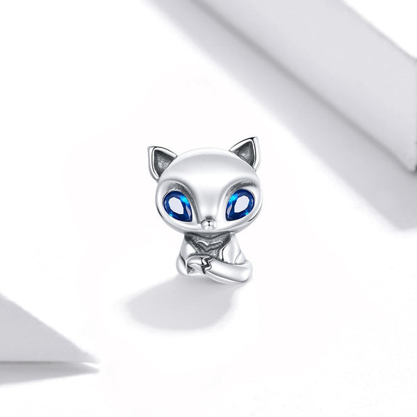 Fox Blue Eyes Sterling Silver Zircon CZ Bead Charm Bracelet Necklace