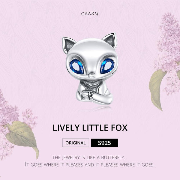 Fox Blue Eyes Sterling Silver Zircon CZ Bead Charm Bracelet Necklace