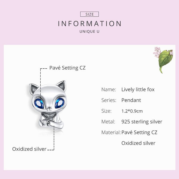 Fox Blue Eyes Sterling Silver Zircon CZ Bead Charm Bracelet Necklace