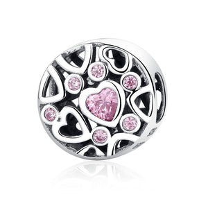 Pink Love Hearts Sterling Silver Zircon CZ Hollow Bead Charm Bracelet Necklace