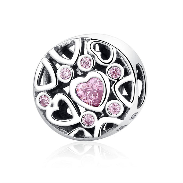 Pink Love Hearts Sterling Silver Zircon CZ Hollow Bead Charm Bracelet Necklace