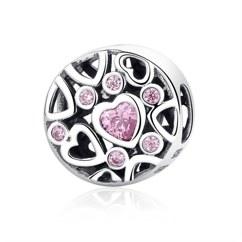 Pink Love Hearts Sterling Silver Zircon CZ Hollow Bead Charm Bracelet Necklace