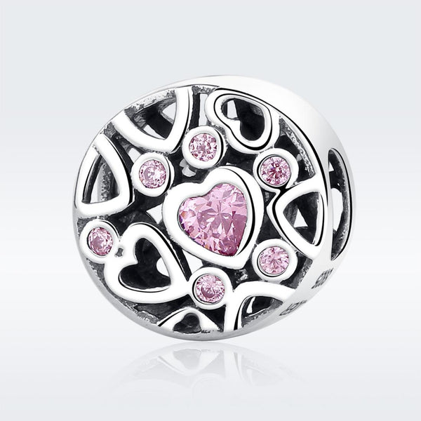 Pink Love Hearts Sterling Silver Zircon CZ Hollow Bead Charm Bracelet Necklace