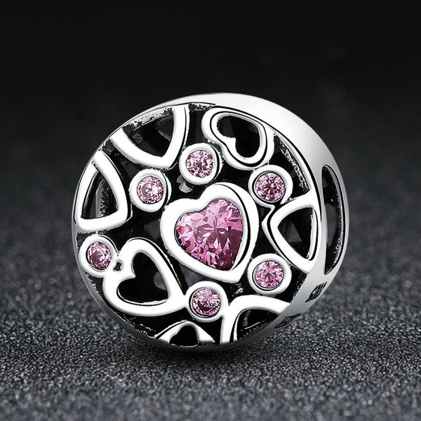 Pink Love Hearts Sterling Silver Zircon CZ Hollow Bead Charm Bracelet Necklace