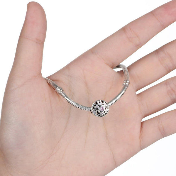 Pink Love Hearts Sterling Silver Zircon CZ Hollow Bead Charm Bracelet Necklace