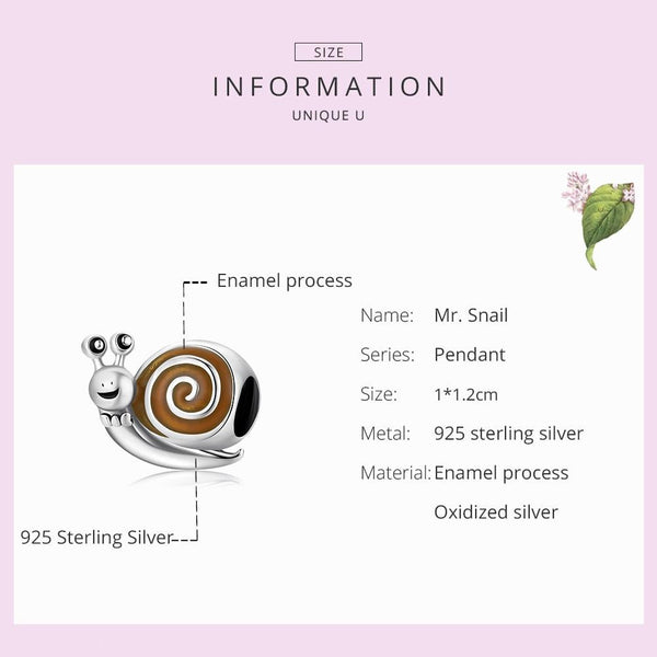 Happy Snail Enamel Sterling Silver Bead Charm Bracelet Necklace
