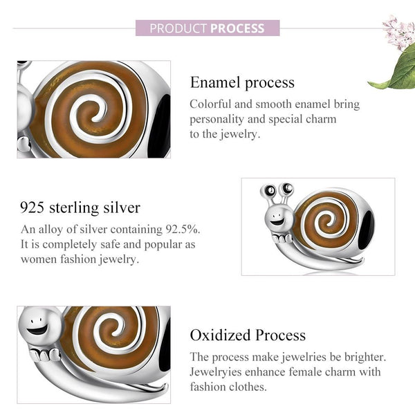 Happy Snail Enamel Sterling Silver Bead Charm Bracelet Necklace