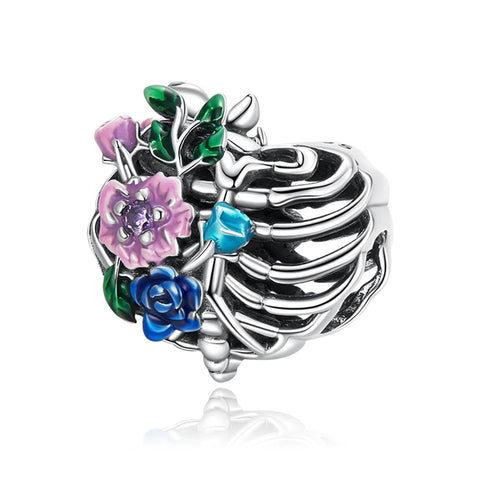 Skelton Ribcage Flowers Enamel Sterling Silver CZ Bead Charm Bracelet Necklace