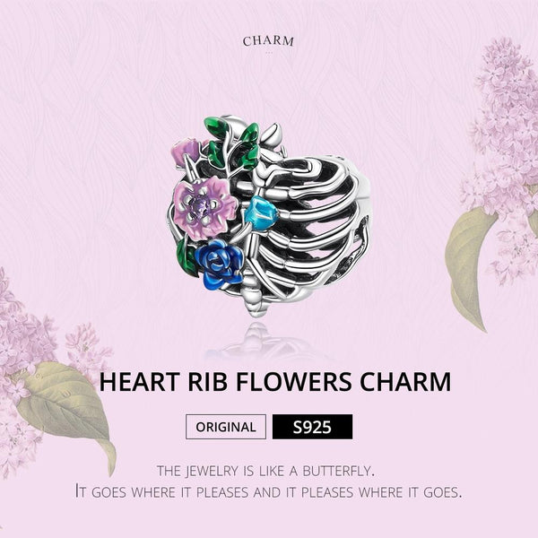 Skelton Ribcage Flowers Enamel Sterling Silver CZ Bead Charm Bracelet Necklace