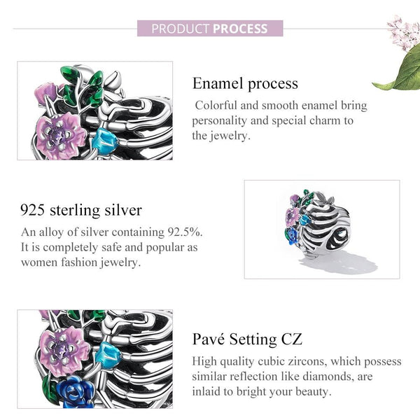 Skelton Ribcage Flowers Enamel Sterling Silver CZ Bead Charm Bracelet Necklace