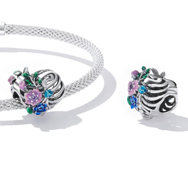 Skelton Ribcage Flowers Enamel Sterling Silver CZ Bead Charm Bracelet Necklace