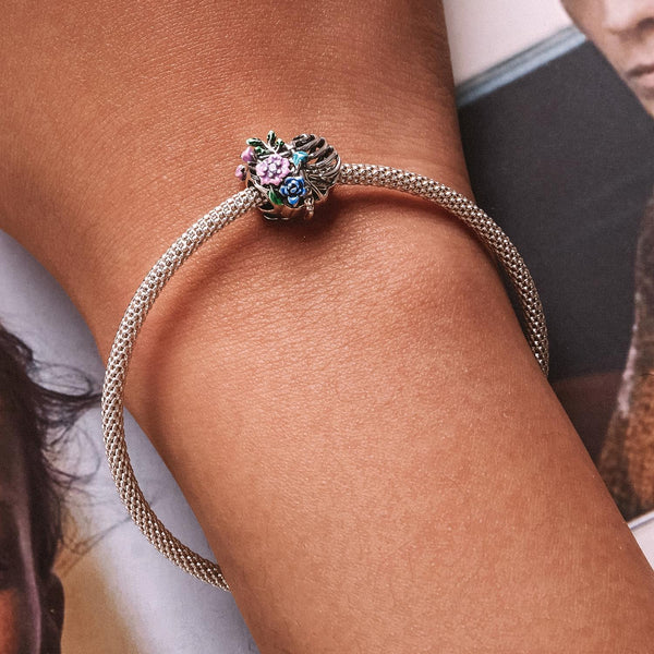 Skelton Ribcage Flowers Enamel Sterling Silver CZ Bead Charm Bracelet Necklace