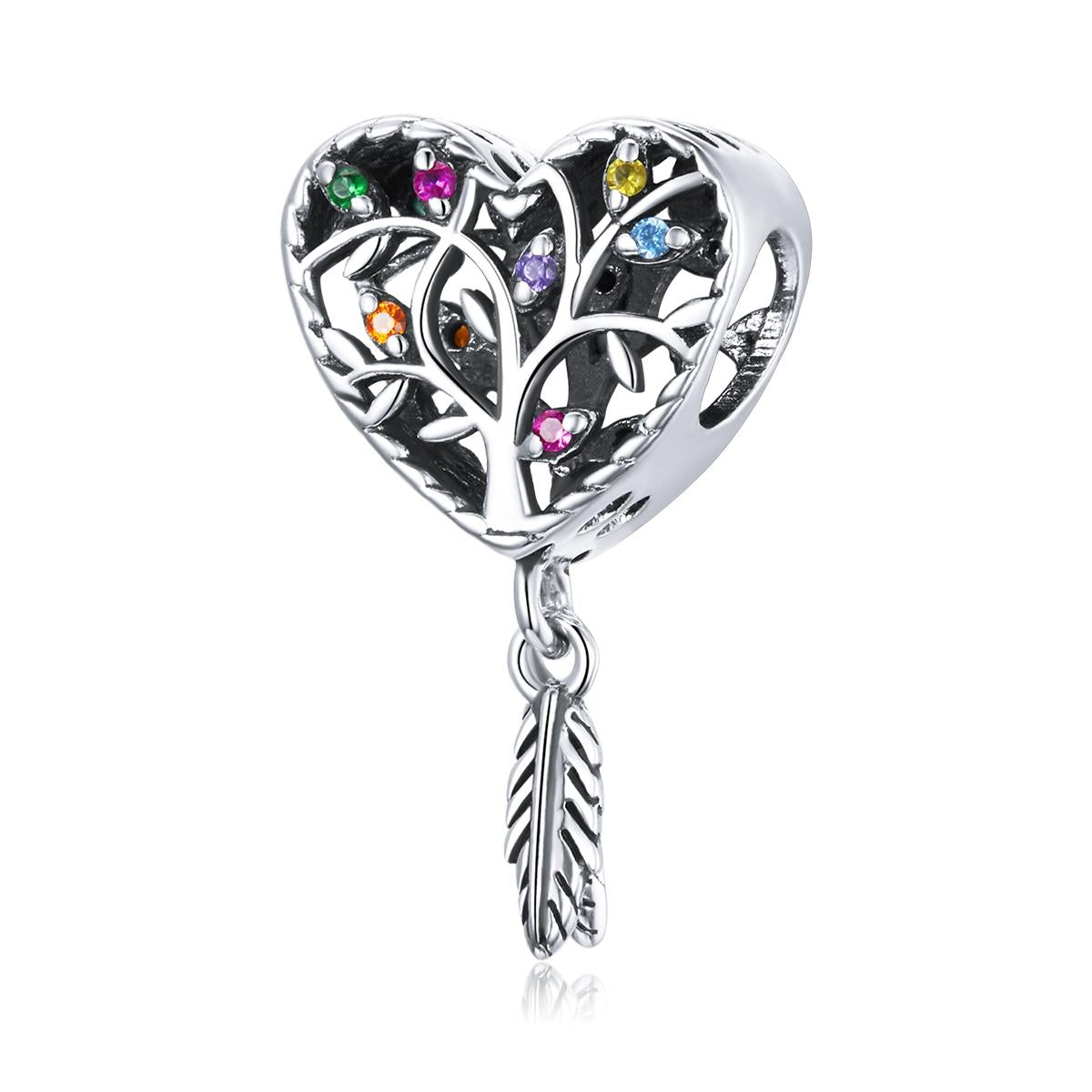 Tree Of Life Heart Feather Sterling Silver Zircon CZ Bead Charm Bracelet Necklace