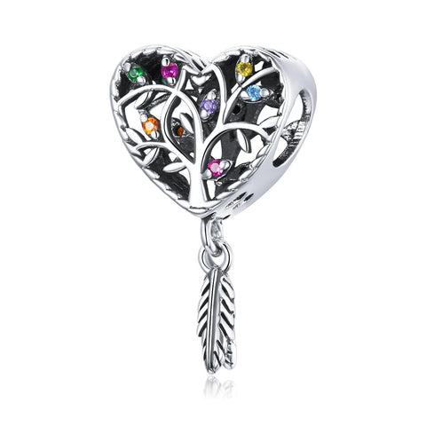 Tree Of Life Heart Feather Sterling Silver Zircon CZ Bead Charm Bracelet Necklace