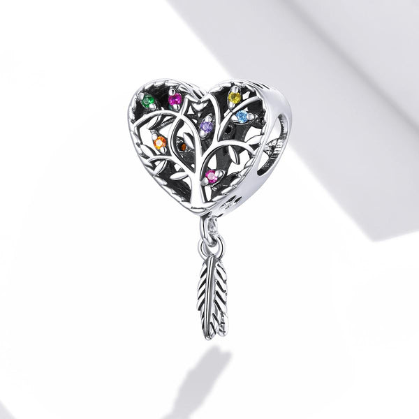 Tree Of Life Heart Feather Sterling Silver Zircon CZ Bead Charm Bracelet Necklace