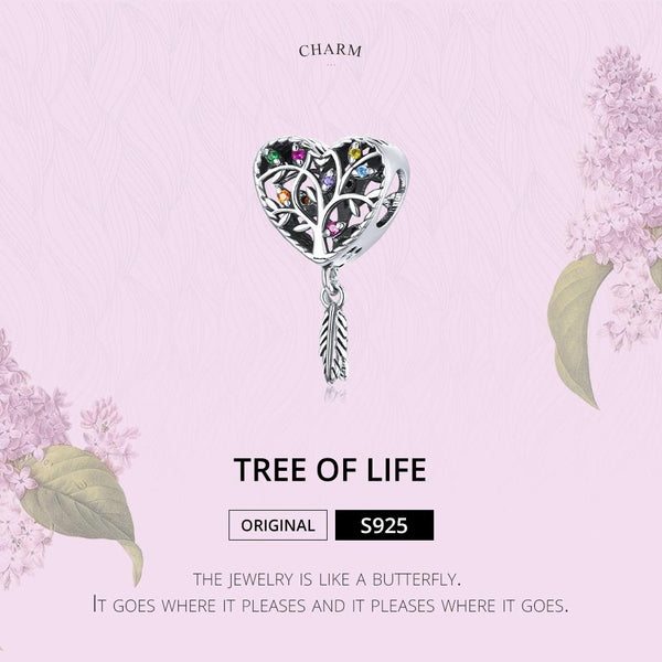 Tree Of Life Heart Feather Sterling Silver Zircon CZ Bead Charm Bracelet Necklace