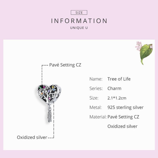 Tree Of Life Heart Feather Sterling Silver Zircon CZ Bead Charm Bracelet Necklace