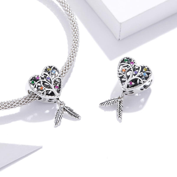 Tree Of Life Heart Feather Sterling Silver Zircon CZ Bead Charm Bracelet Necklace