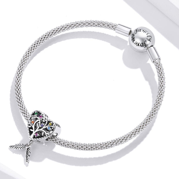 Tree Of Life Heart Feather Sterling Silver Zircon CZ Bead Charm Bracelet Necklace