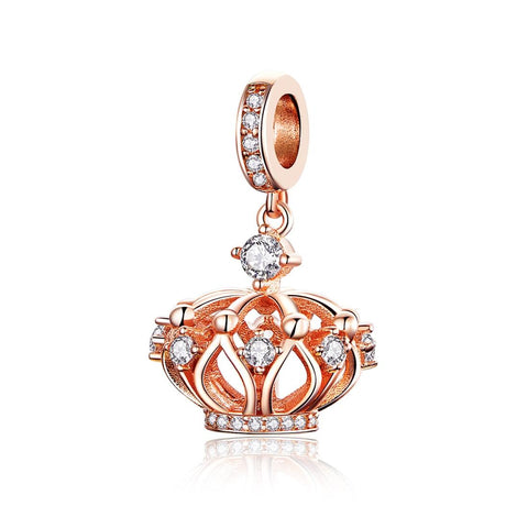 Crown Rose Gold Plated Sterling Silver Zircon CZ Bead Charm Bracelet Necklace