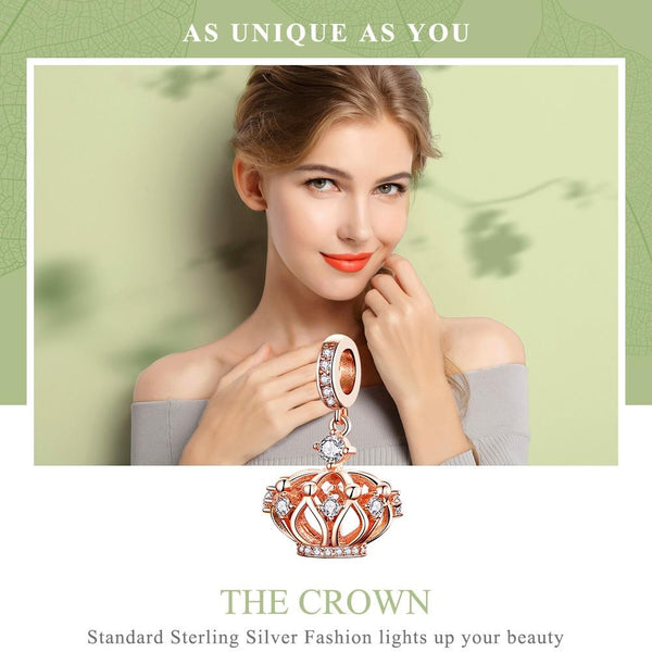 Crown Rose Gold Plated Sterling Silver Zircon CZ Bead Charm Bracelet Necklace