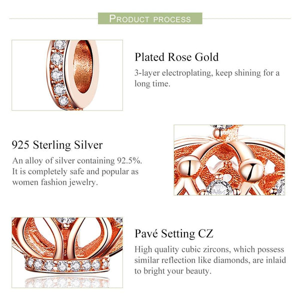 Crown Rose Gold Plated Sterling Silver Zircon CZ Bead Charm Bracelet Necklace