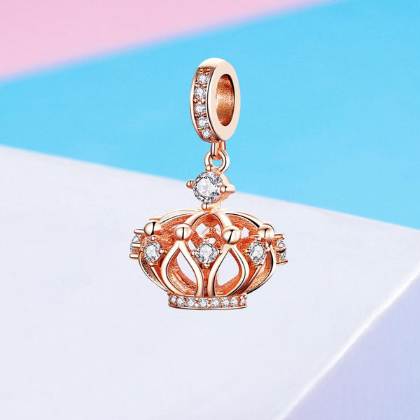 Crown Rose Gold Plated Sterling Silver Zircon CZ Bead Charm Bracelet Necklace