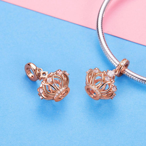 Crown Rose Gold Plated Sterling Silver Zircon CZ Bead Charm Bracelet Necklace