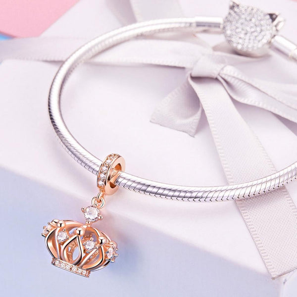Crown Rose Gold Plated Sterling Silver Zircon CZ Bead Charm Bracelet Necklace