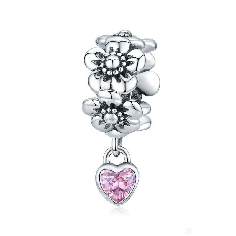 Flowers Heart Sterling Silver Bead Charm Bracelet Necklace Pendant