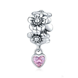 Flowers Heart Sterling Silver Bead Charm Bracelet Necklace Pendant