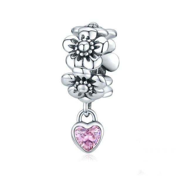 Flowers Heart Sterling Silver Bead Charm Bracelet Necklace Pendant