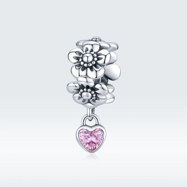 Flowers Heart Sterling Silver Bead Charm Bracelet Necklace Pendant