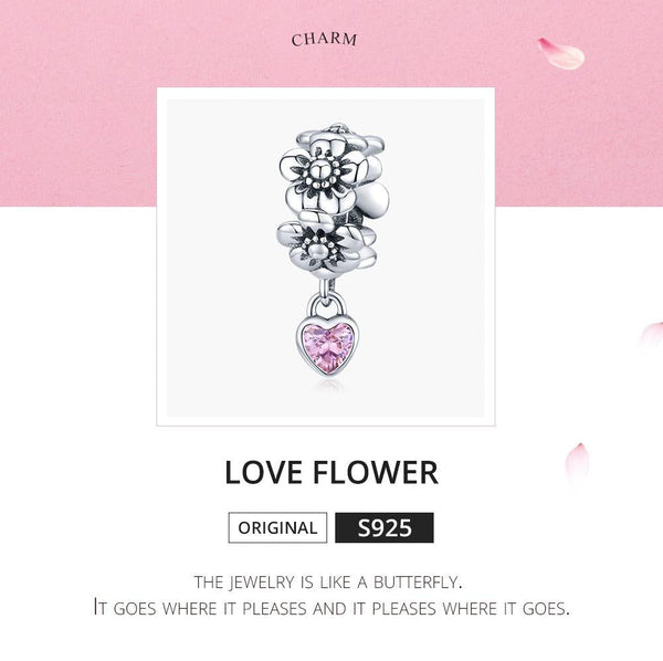 Flowers Heart Sterling Silver Bead Charm Bracelet Necklace Pendant