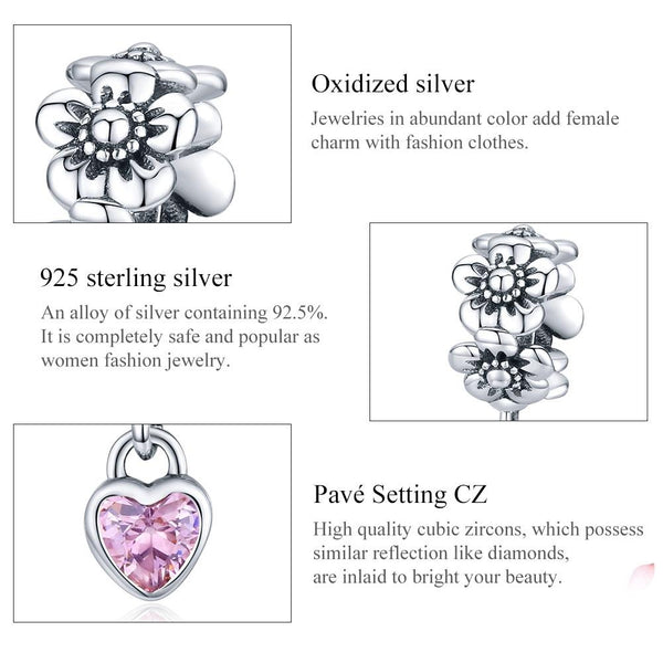 Flowers Heart Sterling Silver Bead Charm Bracelet Necklace Pendant